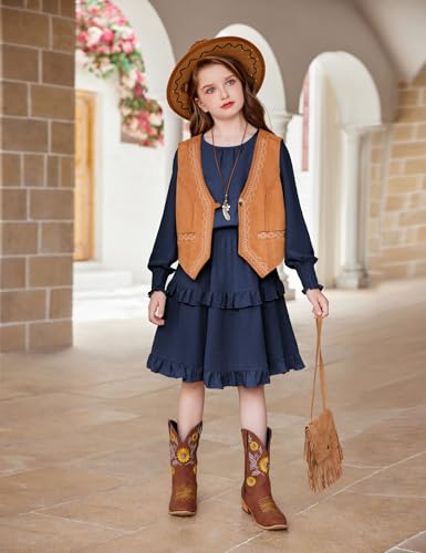 Arshiner Girls Long Sleeve Dress Boho Tiered Ruffle Hem Elegant Smocked Waist Midi Dress3