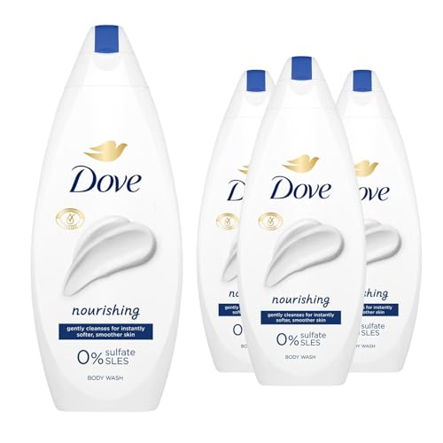 Dove Body Wash 0% Sulfate SLES for Women Made with Naturally Derived Cleansers and Plant Based Moisturiseres Gently Cleanses for Softer and Smoother Skin, 225ml (4 Pack, Nourishing)