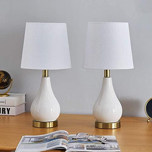 Maxax Ceramic Bedside Lamps Set of 2 with USB Charging Port, White Table Lamps with White Drum Fabric Shade for Living Room, Bedroom