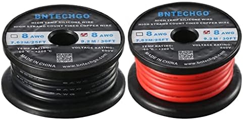BNTECHGO 8 Gauge Silicone Wire Ultra Flexible 6 ft high Temp 200 deg C 600V 8 AWG Silicone Wire 1650 Strands of Tinned Copper Wire Stranded Wire Model Cable Black and Red Each Color 3 ft