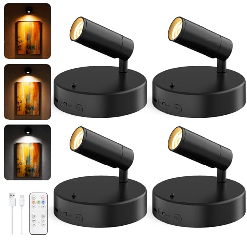 Image of GOODEA Spotlights Indoor with Remote, 5500mAh Rechargeable Battery Plant Spotlight Indoor, Wireless Uplighting with 3 Colors & 24H Cycle Timer, Picture Light for Painting(4 Pack 5500mAh, Black)