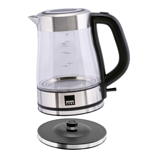 Sensio Home Electric Cordless Glass Kettle 1.7L Quiet Fast Boil with 3000W Rapid Boil Element, Includes Filter, Blue Illumination Jug with Swivel Base and Flip Top Lid, BPA Free