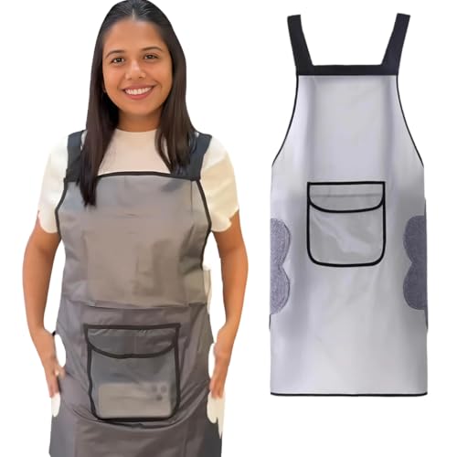 Image of HomeEssentials Apron for Kitchen - Side Coral Velvet Towel for Wiping Hands /Waterproof & Oil Proof /Adjustable Strap /Pockets for Mobile,Kitchen Tools /Perfect Apron for Home, Restaurant