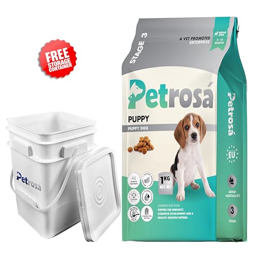 Image of Medium Breed Puppy Dog Food (2 to 12 Months), 1 Kg, 30% Protein with DHA & Prebiotics, Growth & Digestion Formula with 5L Food Storage Container