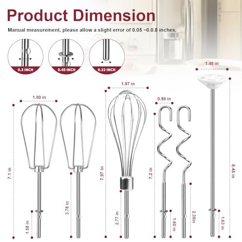 Hand Mixer Attachments Beater, Whisk, Blending Rod and Dough Hooks, Stainless Steel Hand Mixer Accessories Compatible with Kitchenaid Hand Mixers KHM3 KHM5 KHM7 KHM9, Set of 6