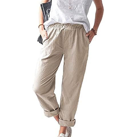 Women's Straight Pants Elastic Waist Casual Trousers Pants with Pockets - beige - XL Cover