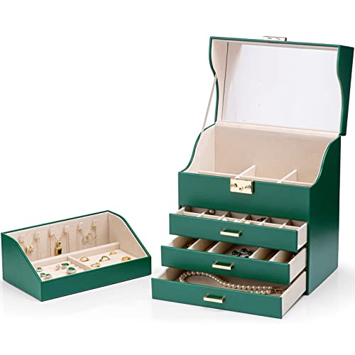 Vlando Large Jewelry Organizer Box 5-Layer Jewelry Storage Box with Mirror & Lock, Stackable Tray and 3 Drawers for Earrings Necklaces Rings and Watch Organizer for Women Girls Gifts - Green…