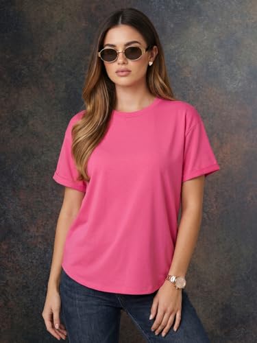 Image of JUNEBERRY Pure 100% Cotton Oversized Loose Fit Drop Shoulder Round Neck Boyfriend Fit Solid Half Sleeves T-Shirt for Women & Girls (Sizes: S to 2XL)