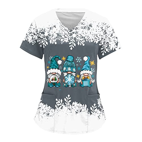 Health Care Uniforms for Women - Mock Wrap Work Tops with Graphic Cat Grooming Design - V-Neck Care Work Shirt for Ladies - Scrub Tops for Women - Christmas Theme
