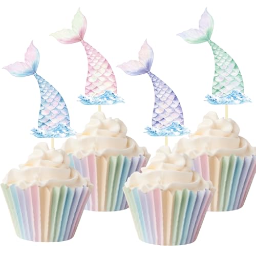 24 Pieces Mermaid Tail Cupcake Toppers Under the Sea Cake Decorations Picks for Mermaid theme Birthday Party Decoration Baby Shower Supplies (Mermaid Tail)