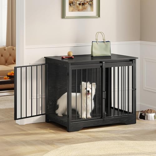 31.9" Dog Crate Furniture with Barn Door, Heavy Duty Dog Kennel Indoor with 2 Doors, Wooden Pet Cage End Table for Small Medium Dogs up to 44 lb, Anti-Chew Anti-Escape, Black DFC83604B by Hzuaneri - Image 7