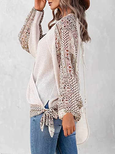 Image of Womens Boho Patchwork Blouse Tops Waffle Knit Wrap Cross Puff Sleeve Tie Knot V Neck Summer Shirts (Beige, Small)
