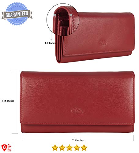 Image of Women's Top Grain Leather Wallet, RFID Blocking Bifold clutch, 17 Card Slots, Zip Pocket Organizer, Elegant Gift for Women - Birthday, Valentine, Anniversary - WATERMELON