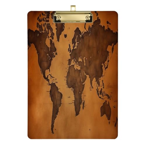 JUMBEAR Planchette à pince en forme de carte du monde marron, 31,8 x 22,9 cm, format A4 standard avec clip en métal, pour infirmières, étudiants, bureau