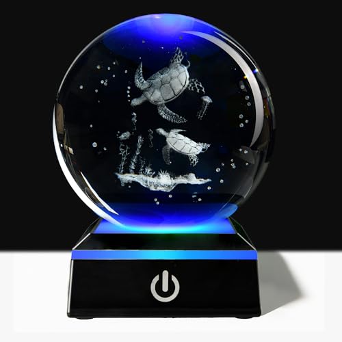 wsgszcjb 3D Crystal Ball Turtle Night Light with Variable-Color Light Base, a Popular Gift for Holidays and Birthdays, Glass Ball Suitable for Home and Office Decoration (3.14 Inches)