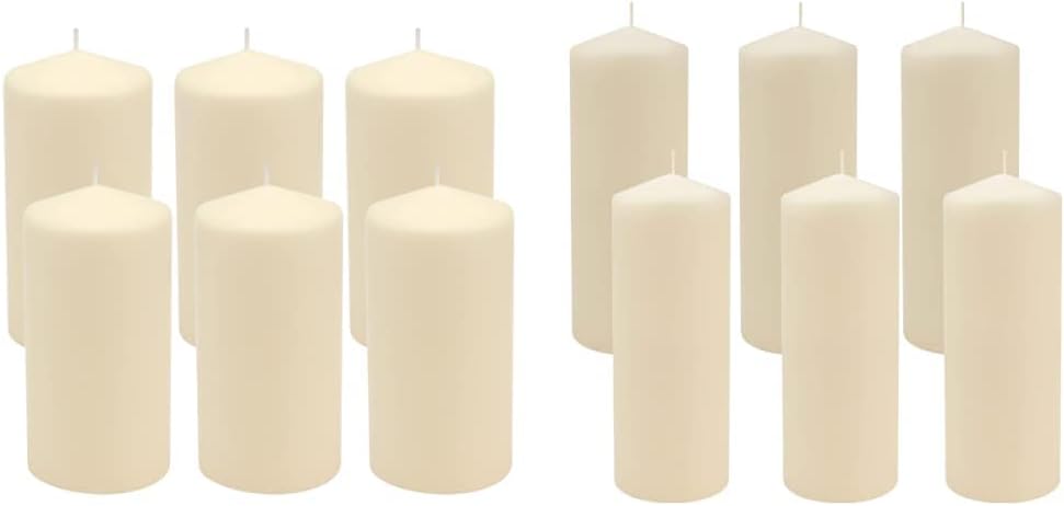 Stonebriar 80 Hour 3x8 & 65 Hour 3x6 Unscented Ivory Pillar Candles, 6 Count Sets