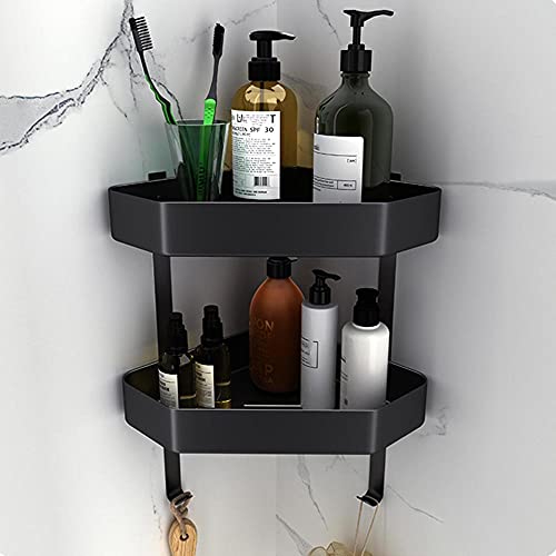 Estantes de Ducha Estante de Ducha de Esquina Estante de Ducha de Montaje en Pared con Gancho Sin Espacio de perforación Adhesivo de Aluminio para Inodoro de Cocina-Negro a