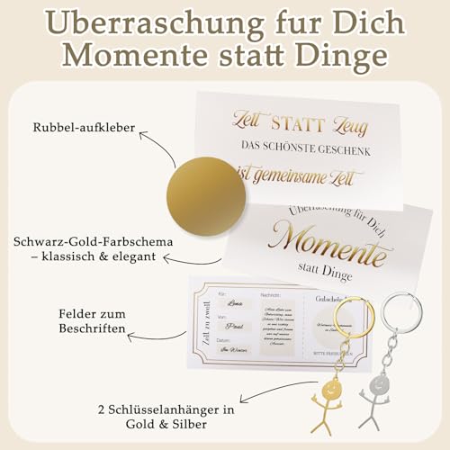Anruzon 2 Set Zeit Statt Zeug Gutschein Karten zum Selberausfüllen – Gutschein Verpackung für Wellness, konzertkarten & Geburtstag - Rubbellose zum Selbermachen mit 2 lustigen Schlüsselanhänger