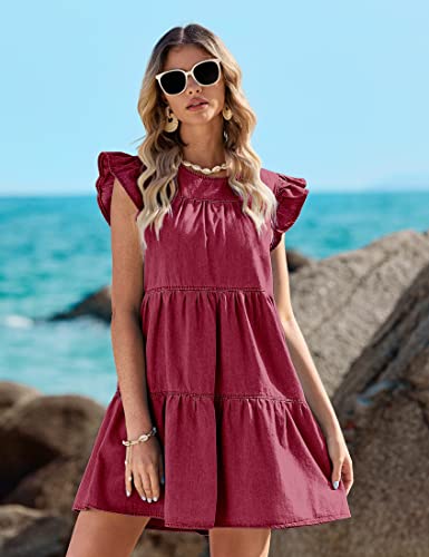 Image of luvamia 2025 Denim Dress for Women Summer Babydoll Sleeveless Ruffle Sleeve Mini Dresses Loose Flowy Swing Pleated Dress