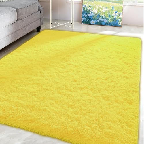 Tapis de salon antidérapant et lavable grand format jaune