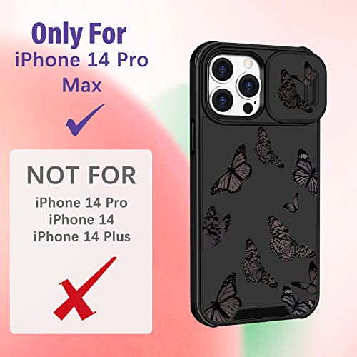 Pegmode (2in1 for iPhone 14 Pro Max Case for Women Black Butterfly Girly Girls Phone Cases Cute Butterflies Design with Slide Camera Cover+Ring Holder Pretty Fashion for iPhone 14 ProMax Cover 6.7''