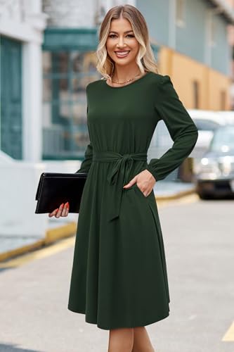 Image of Newshows Womens Long Sleeve Casual Dresses 2025 Business Work Teacher Fall Church Belted A Line Flowy Midi Dress