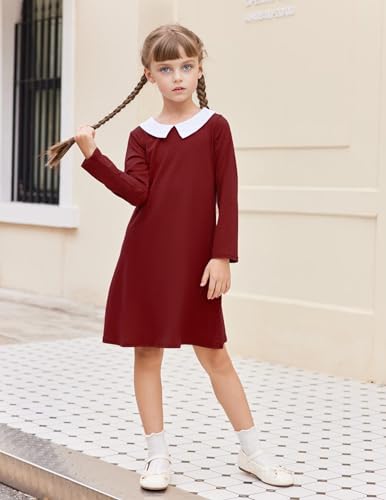 Image of Arshiner Girls Long Sleeve Vintage Peter Pan Collar T-Shirt Dress Age 4-13 Years