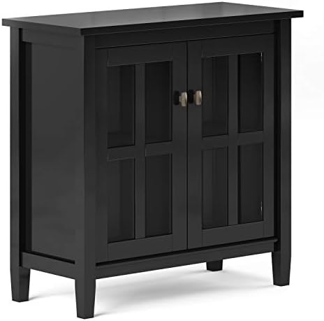 SIMPLIHOME Warm Shaker SOLID WOOD 32 inch Wide Transitional Low Storage Cabinet in Black, with 2 Adjustable Shelves, Tempered Glass Door