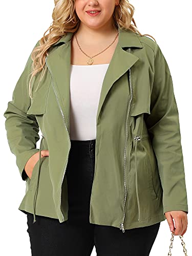 Agnes Orinda Plus Size Trench Coat for Women Lapel Zipper Front Drawstring Waist Moto Jacket 2023 1X Green