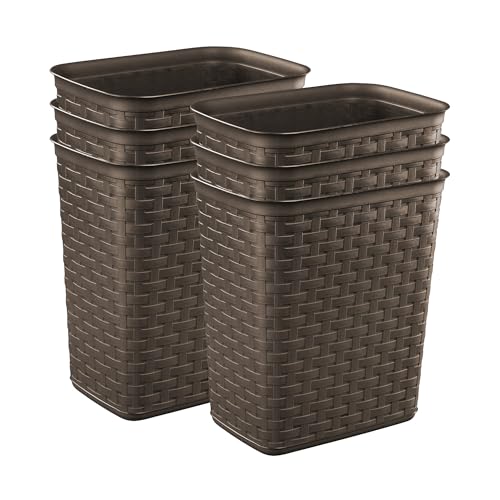 Sterilite 3.4 Gallon Weave Wastebasket, Small, Decorative Trash Can for the Bathroom, Bedroom, Dorm Room, or Office, Espresso Brown, 6-Pack
