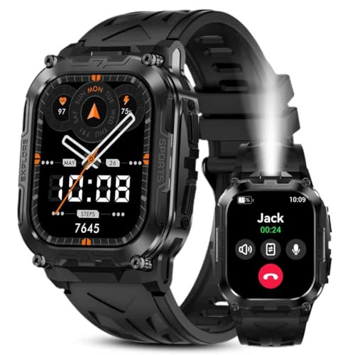 HIDAMEL Smart Watch for Men,130 Days Extra-Long Battery,1.96" HD Display Bluetooth Calling Answer/Dial Calls Rugged Military Full Metal Body with LED Flashlight Compatible for Android & iOS