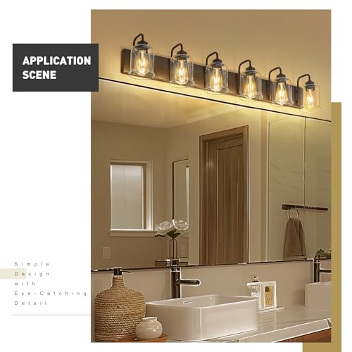 Image of zeyu 44 Inch Farmhouse Bathroom Vanity Lights, 6-Light Bathroom Light Fixtures with Clear Glass Shade, Oil Rubbed Bronze Finish, ZSL72B-6W ORB