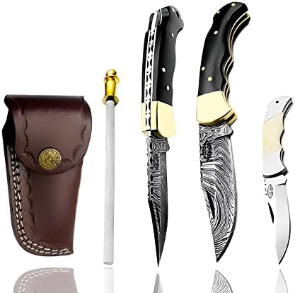 Best.Buy.Damascus1 Pocket knife Buffalo Horn Damascus knife, Pocket Knife For Men, 4pcs Knife Set, Folding Knife, With knife Sharpeners, Premium Quality gifts for men