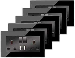 5 Pack CNBINGO Glass Double Switched Socket with 2 USB-A Charging Ports (Output 2.1A), Black Crystal Glass Panel Wall Outlet, 2 Gang 13 Amp Electric Power Socket