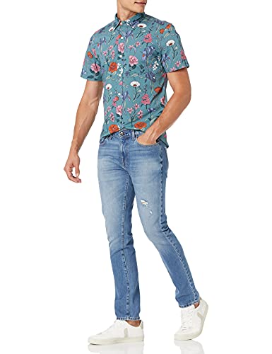 Amazon Brand - Goodt eads Men's Slim-Fit Short-Sleeve Printed Poplin Shirt, Wallpaper Floral, Medium