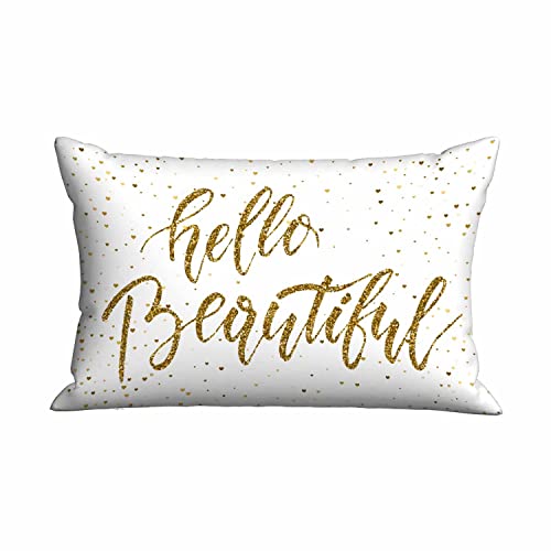 Mugod Rectangle Throw Pillow Cover Gold Glitter Motivational Quote Hello Beautiful,Decorations Cushion Case For Sofa Couch 20X30 Inches Pillowcase #TOP13