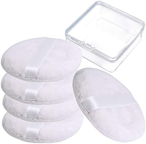5 PCS Large Powder Puff, 4.13 Inch Velour Body Powder Puff Round Fluffy Powder Puffs Ultra Soft Body Puff Washable for Loose Body Powder Face Powder Baby Powder Makeup with Ribbon and Case