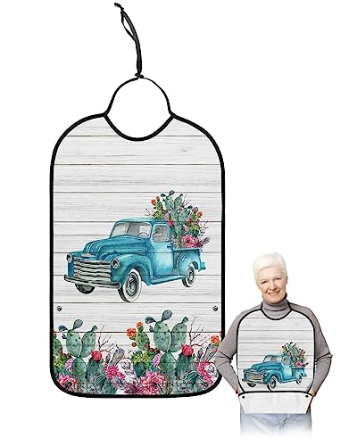 Summer Tropical Adult Bibs for Eating, Waterproof Bibs with Food Catcher & Adjustable Snap Closure, Teal Cactus Truck Rustic Wooden Washable Clothing Protectors Adult Bibs for Elderly Women/Men