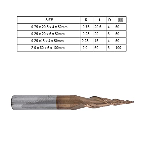 1 Pieza Juego de molino de extremo de carburo, CNC Fresa de Mango Recto Brocas 2 Flautas Cortador CNC de Punta Esférica para Corte, Fresado Final, Ranurado(R0.25x20x D6x50)
