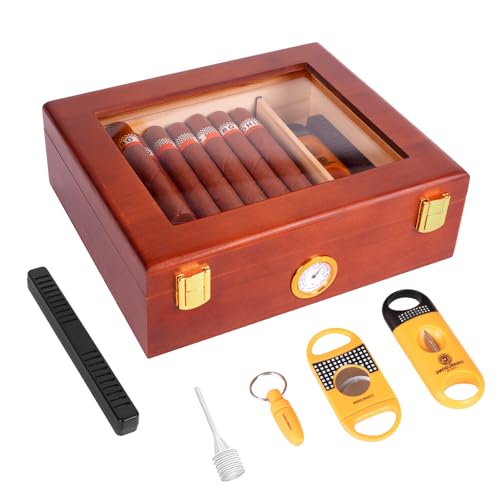 Desktop Cigar Humidor Box, Glass Top Cigar humidor with Hygrometer, Humidifier, Spanish Cedar Humidor with Cigar Cutters and Punch, Wooden Cigar Box Holds 20-30 Cigars, Humidor Cigar Box for Men Gifts