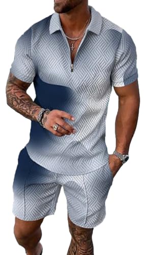 BIRW Gray Blue Smudge L Men‘s Track Suits 2 Piece Summer Short Sets Outfits Fashion Polo Shirt Casual Short Sleeve and Shorts set