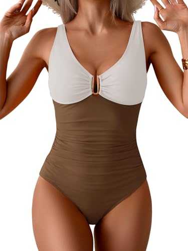 Image of B2prity One Piece Swimsuit for Women Tummy Control Ruched Bathing Suit V Neck Push Up Swimwear