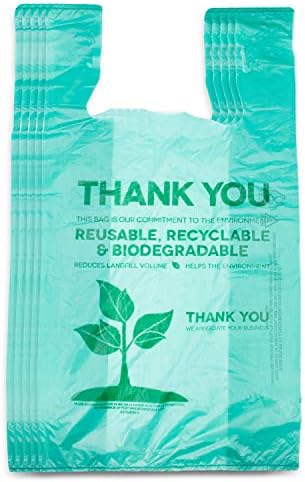 Recyclable Biodegradable Green Eco Friendly Bags with Handles| Bulk Plastic T-Shirt Grocery Shopping Thank You Bags| Reusable/ Single Use|Markets, Food Trucks, Trash Can Liners, Kitty Litter (250)