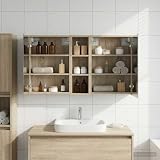 Teenpull Set di 3 armadietti da bagno, in legno, 106 x 16 x 62,5 cm, con illuminazione a LED, montaggio a parete, vano portaoggetti e specchio bidirezionale, per mobili da bagno, mobiletto sottolavabo
