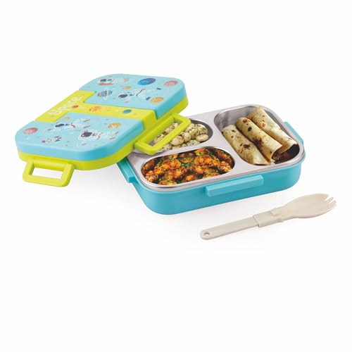 Image of ATTRO Tangy Bite Stainless Steel Lunch Box - 3 Compartment Bento Tiffin, Leak-Proof & Durable, Plastic Spoon, Ideal for Kids, School, Picnic-Light Blue Green- 600ml-Space Theme
