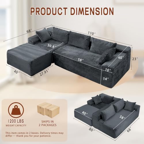 Image of Korser 108 inch L-Shaped Modular Sectional Sofa with Chaise, Boneless Comfy Corduroy Fluffy Couch with Deep Seat and Side Pockets, Flexible Module Combination for Living Room, No Assembly, Side Pockets