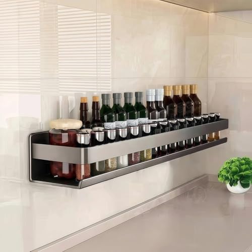 SageSpace Adhesive Wall Mount Spice Rack Carbon Steel, No-Drill Dark Gray Wall Spice Racks for Kitchen, Multi-Purpose Spice Storage Organizer, Kitchen Bathroom Storage Shelf for Countertop Cabinet