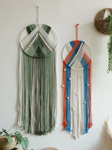 Hemasa - Arazzo da parete in macramè fatto a mano, con frange e perline di legno, per soggiorno, camera da letto o cameretta dei bambini, grande, decorazione bohémien, regalo (A)