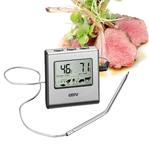 GEFU TEMPERE Digitales Fleischthermometer mit Timer & Alarm - Bratenthermometer bis 250°C für Verschiedene Fleischsorten - 16cm Sonde & 1m Kabel - Mit Magnet & Standfuß