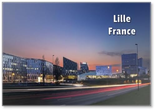 Imán para nevera con hermoso paisaje urbano panorámico del horizonte de Lille al final del día